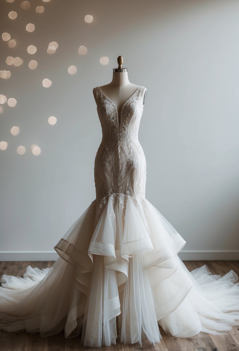 A full-length sheath gown with layers of tulle cascading down the skirt, creating a dreamy and elegant wedding dress