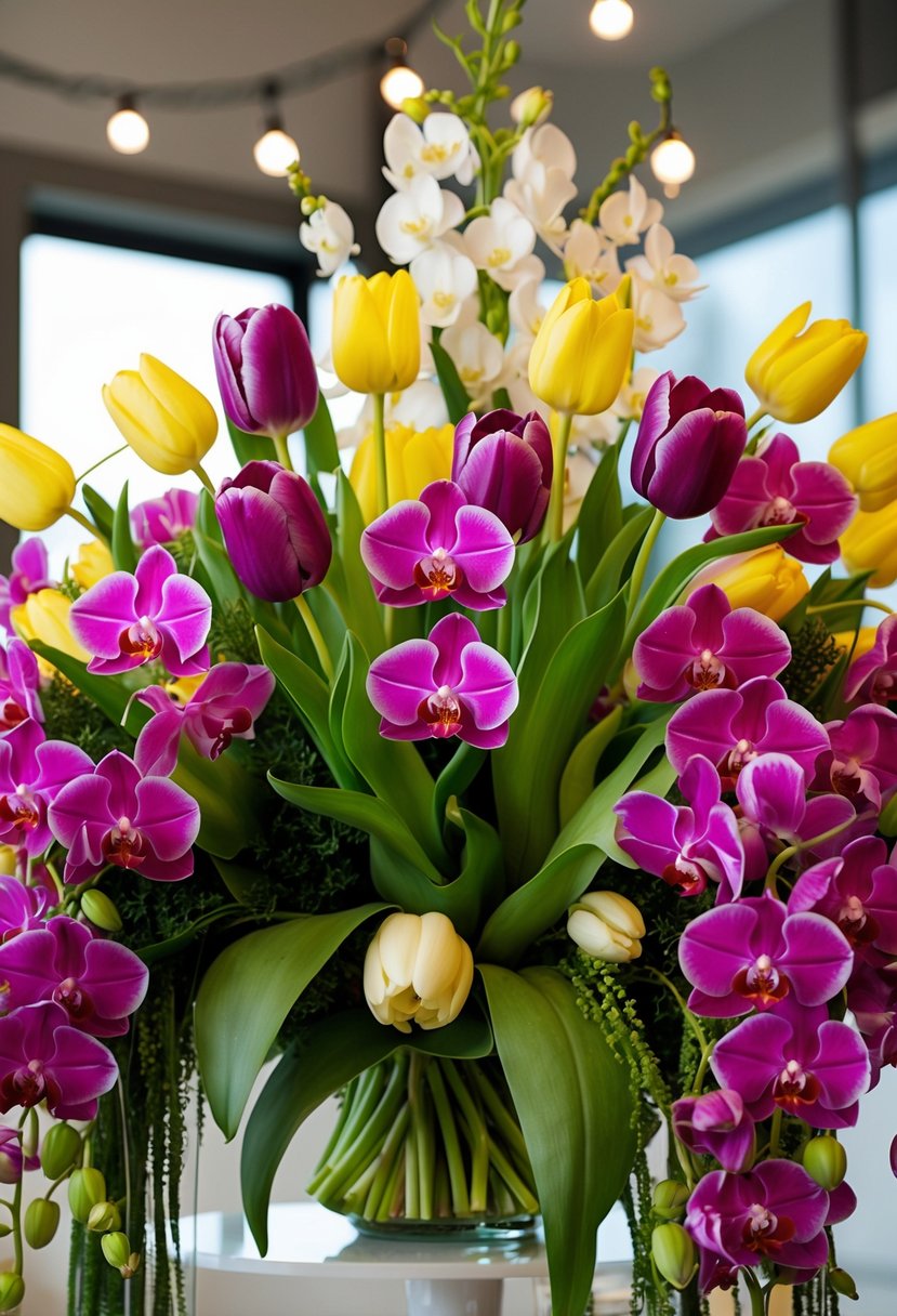 A vibrant mix of tulips and orchids arranged in a lush, cascading bouquet