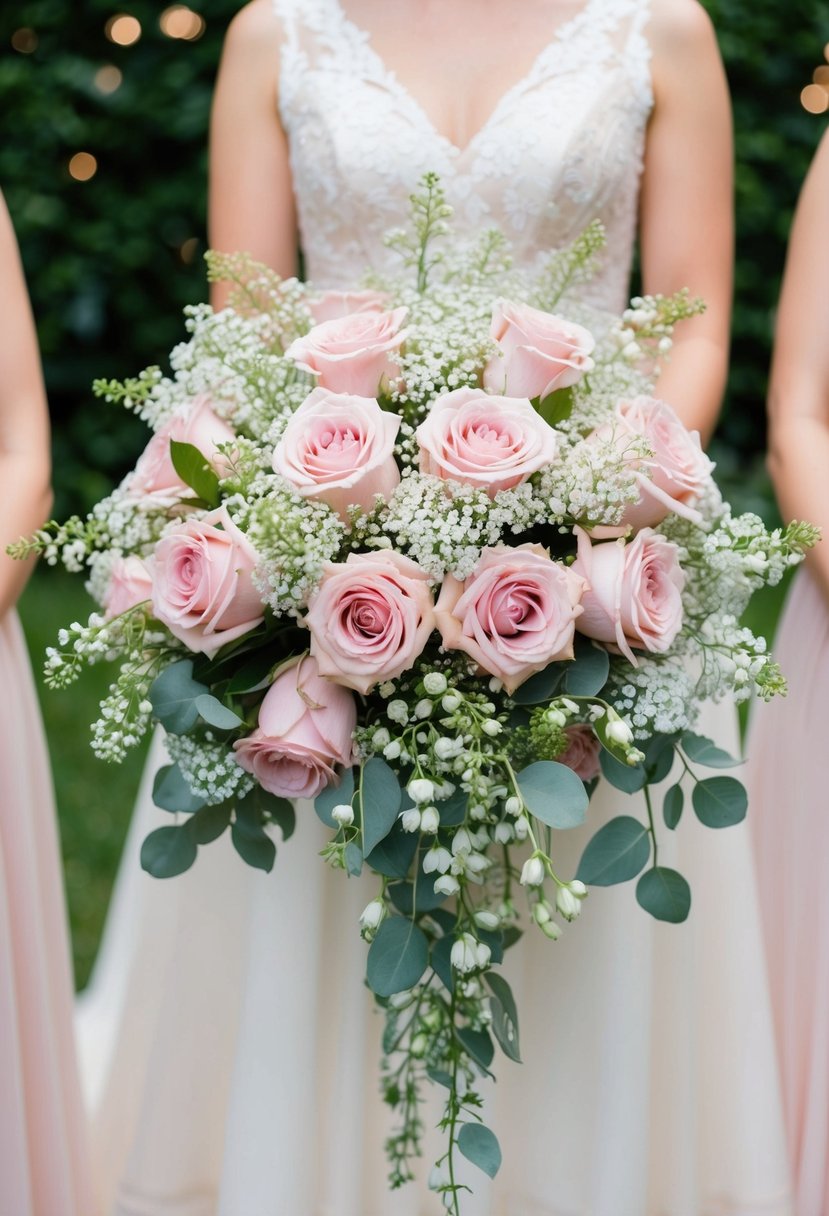 A bouquet of pink roses and delicate gypsophila arranged in a lush, cascading style, perfect for bridesmaids at a wedding