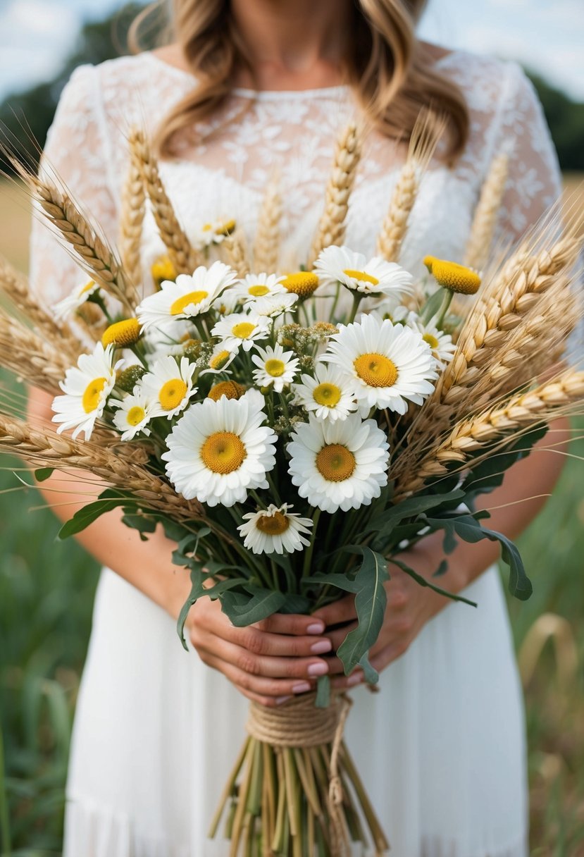 A rustic wedding bouquet of daisies and wheat, tied with twine