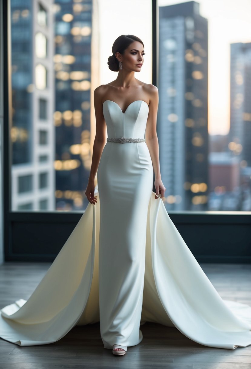 A convertible dress transforms into a sleek gown with a detachable train, perfect for a modern wedding