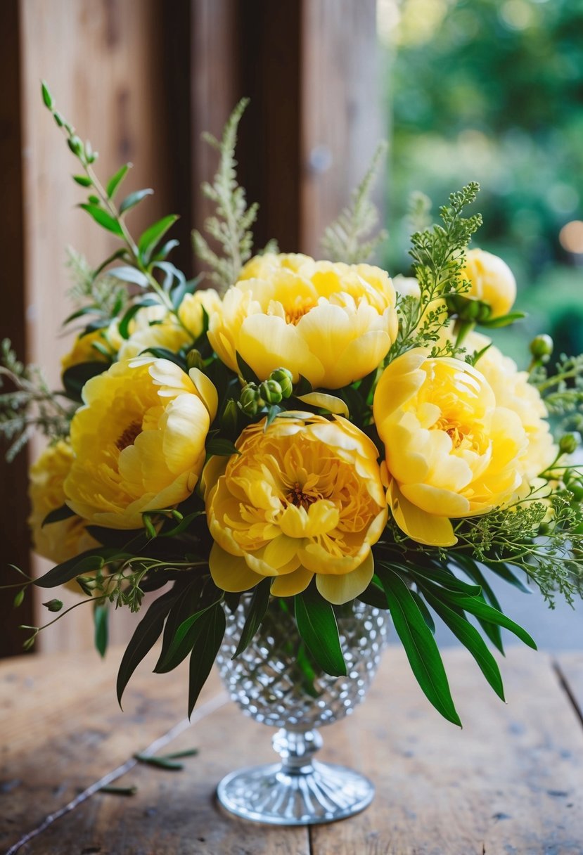 A lush bouquet of vibrant yellow peonies, accented with delicate greenery, sits in a crystal vase on a rustic wooden table