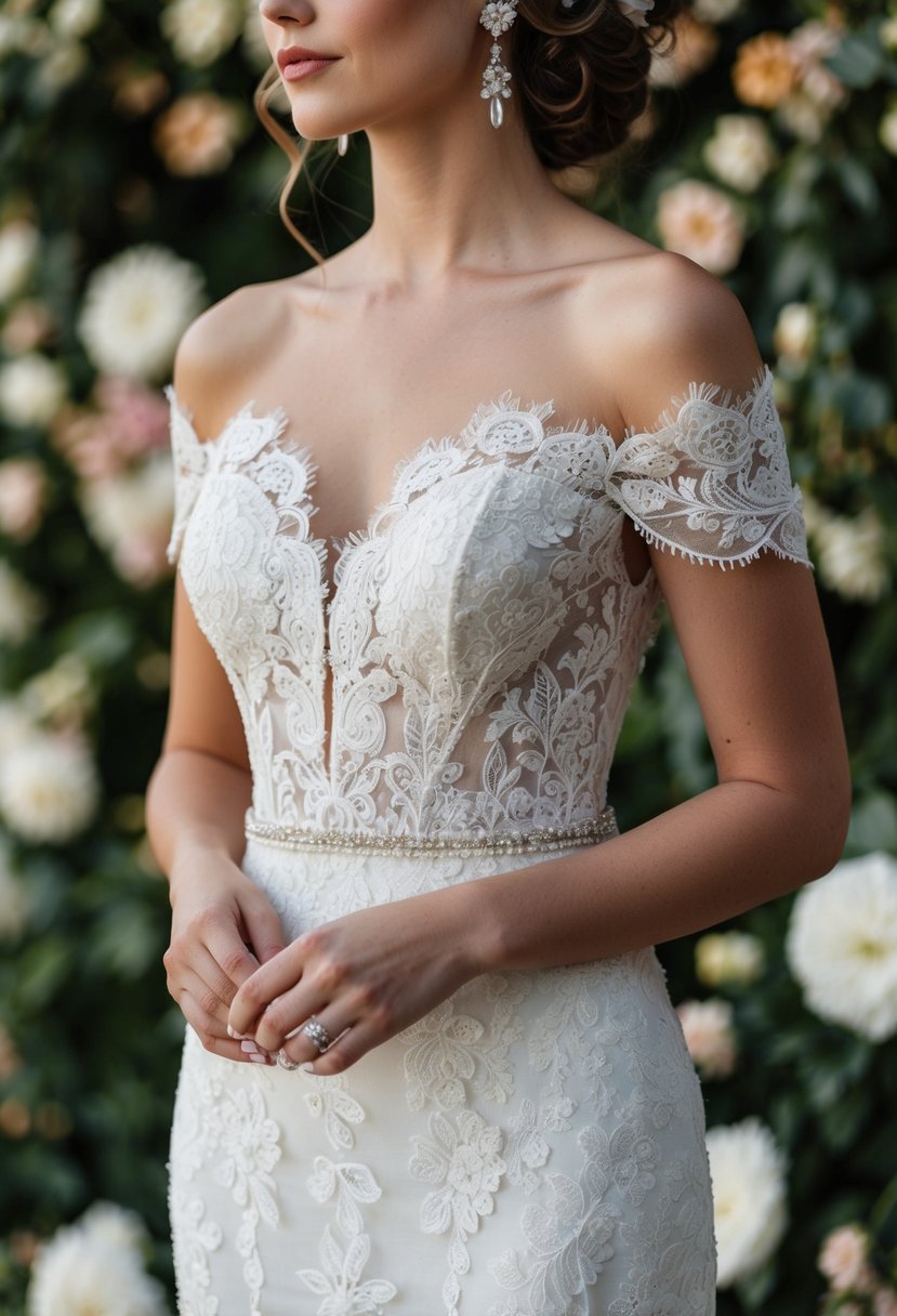 An off-the-shoulder lace gown with intricate details, set against a romantic backdrop of flowers and greenery