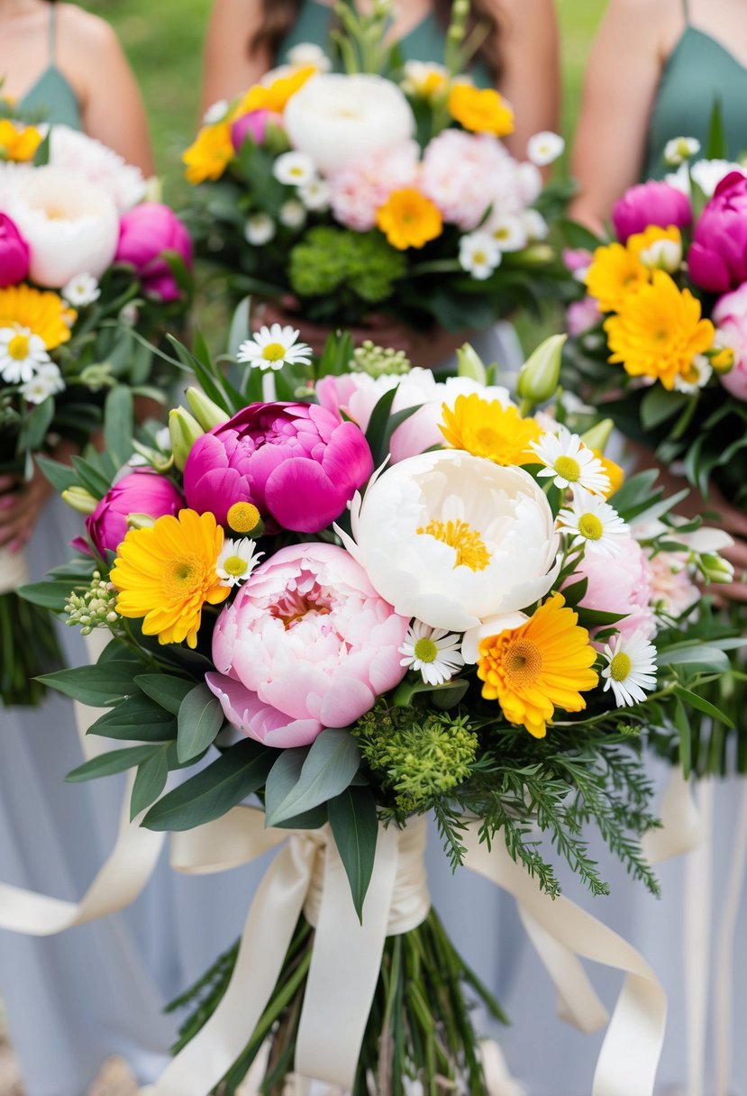 A colorful assortment of peonies and daisies arranged in a delicate bouquet, with lush greenery and ribbons, perfect for a bridesmaid's wedding