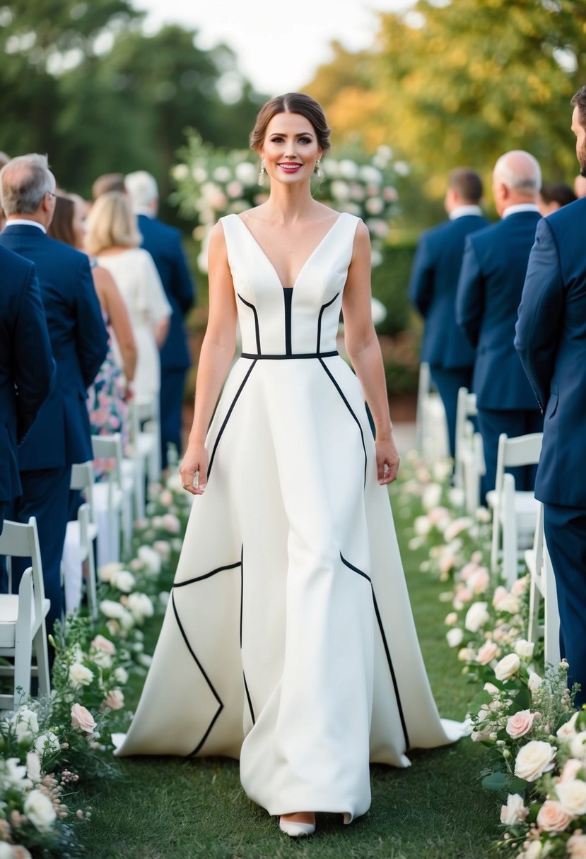 A bride in a modern A-line gown with geometric patterns walks down a flower-lined aisle at an outdoor wedding ceremony