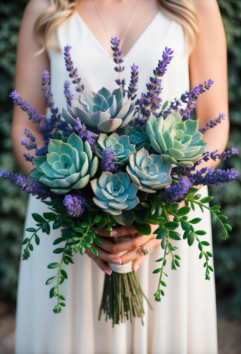 A bouquet of lavender and succulents arranged in a delicate, cascading design