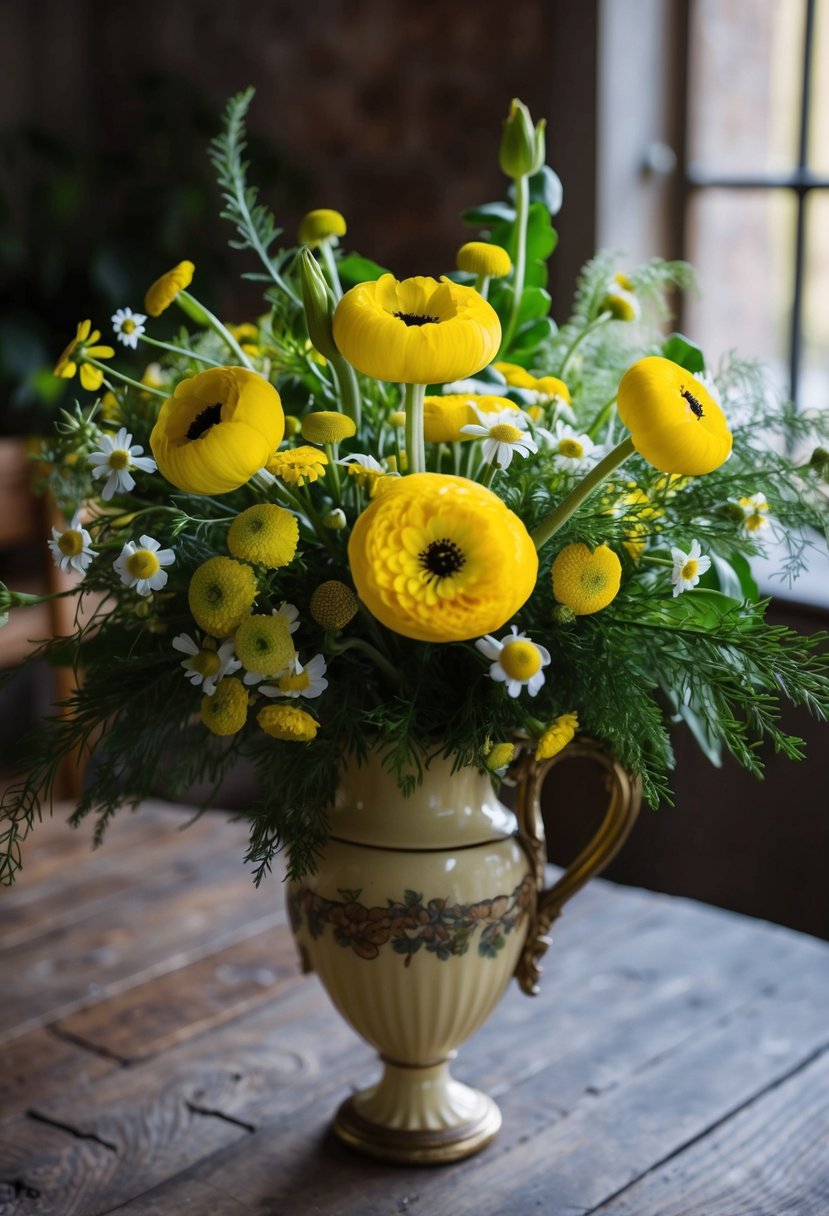 A vibrant bouquet of yellow ranunculus and chamomile, accented with lush greenery, sits in a vintage-inspired vase on a rustic wooden table