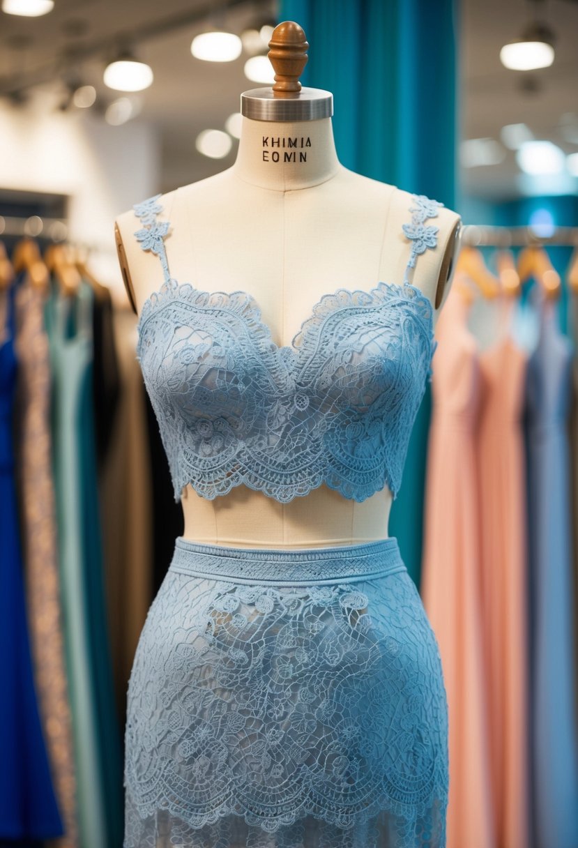 A lace crop top gown displayed on a mannequin, paired with a matching skirt