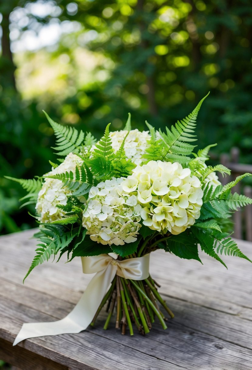 A lush bouquet of hydrangeas and ferns, tied with a delicate ribbon, sits on a rustic wooden table