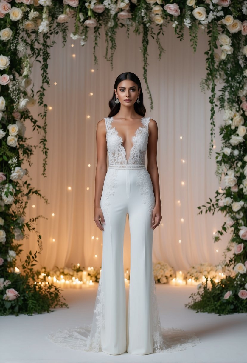 A nontraditional jumpsuit with bridal touches, featuring lace and intricate detailing, set against a backdrop of cascading flowers and soft, romantic lighting