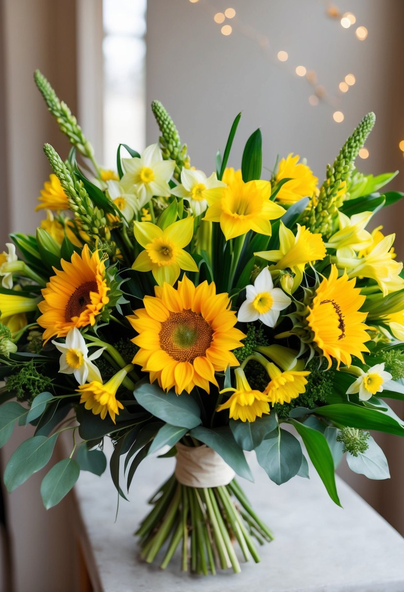 A vibrant bouquet of sunflowers and daffodils, arranged in a delicate blend, with lush greenery and pops of yellow and gold