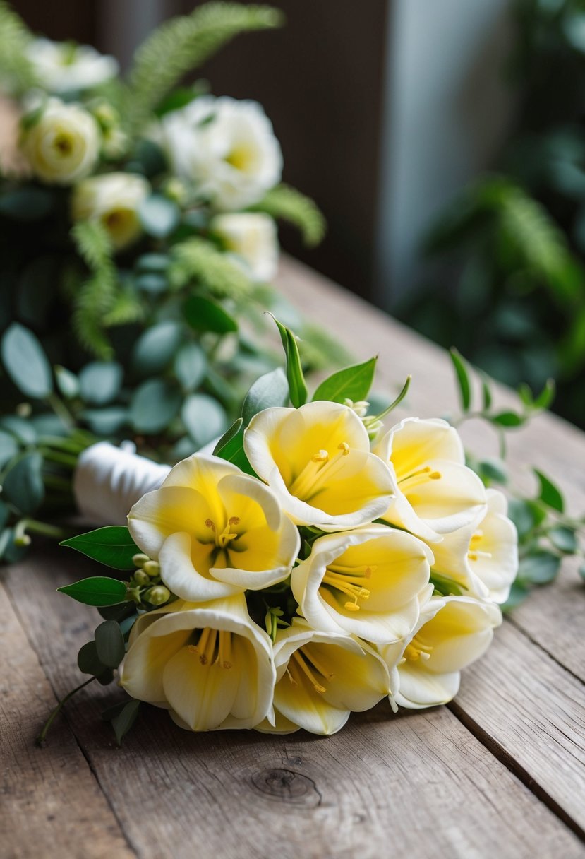 A delicate yellow freesia wedding bouquet rests on a rustic wooden table, surrounded by soft natural light and greenery