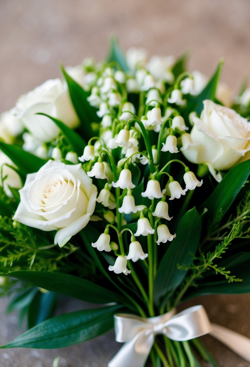 A delicate bouquet of lily of the valley nestled among white roses and greenery, tied with a satin ribbon