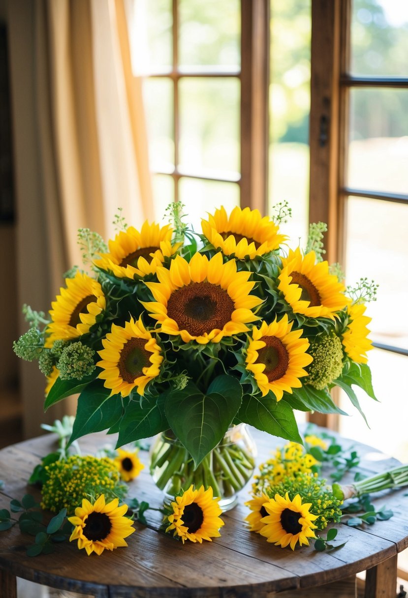 A vibrant sunflower bouquet sits on a rustic wooden table, surrounded by smaller yellow blooms and greenery. The sunlight streams in, casting a warm glow over the arrangement