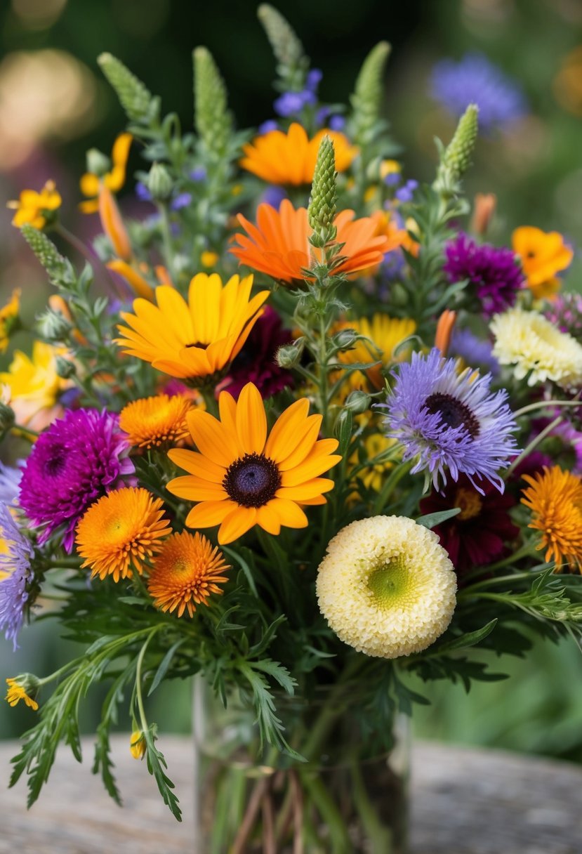 A vibrant mix of wildflowers arranged in a posy, showcasing a variety of colors, shapes, and textures