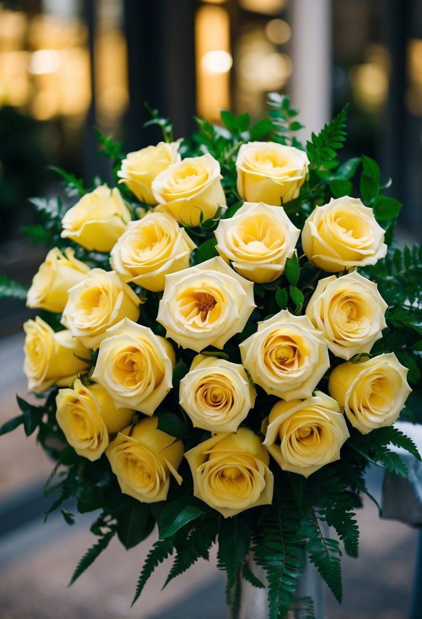 A bouquet of classic yellow roses arranged in a round, full bouquet with green foliage