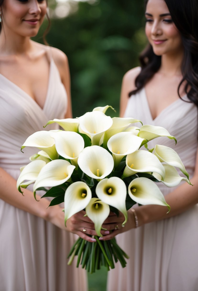 A delicate arrangement of calla lilies in a simple, elegant bouquet, perfect for bridesmaids at a wedding