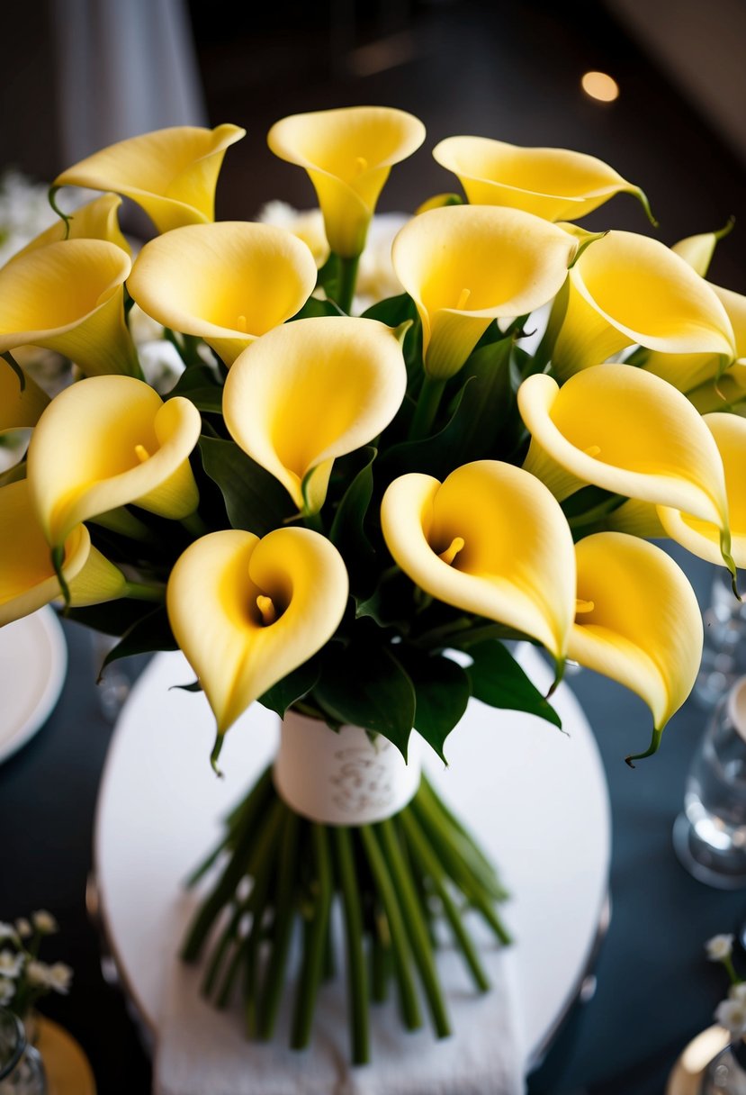 A chic arrangement of yellow calla lilies in a wedding bouquet