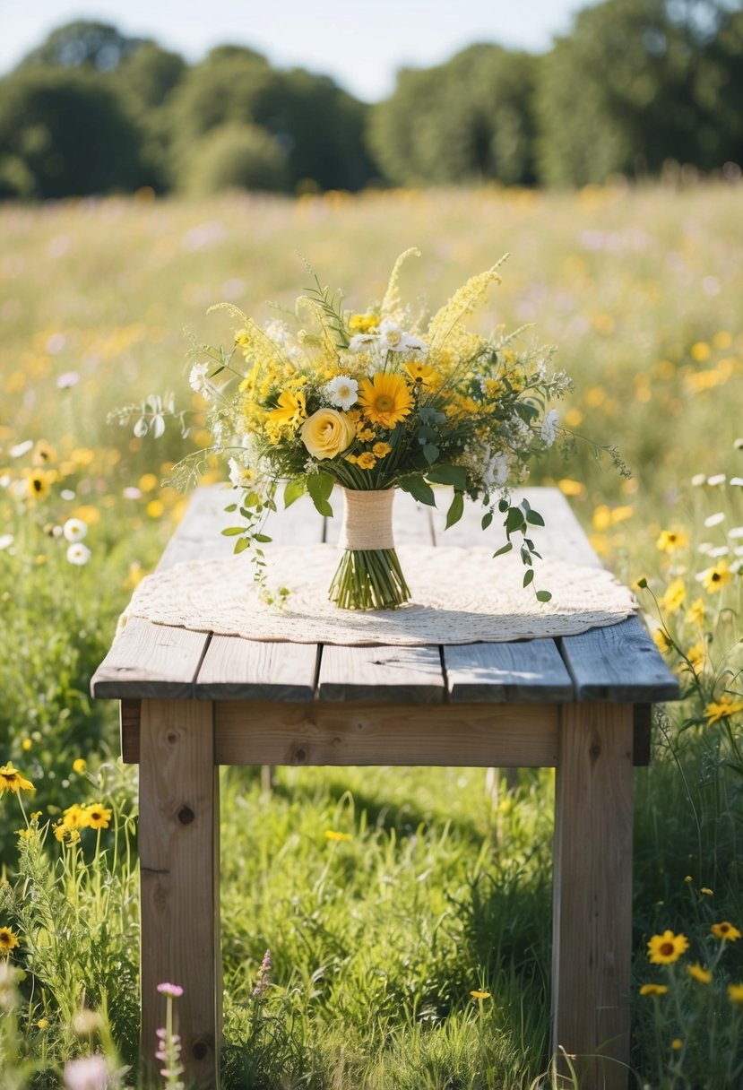 A rustic wooden table adorned with a bohemian yellow wedding bouquet surrounded by wildflowers in a sunlit meadow