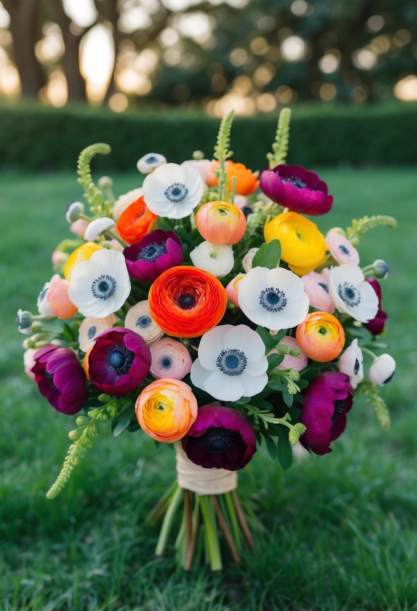 A bouquet of vibrant ranunculus and delicate anemones arranged in a lush, cascading style