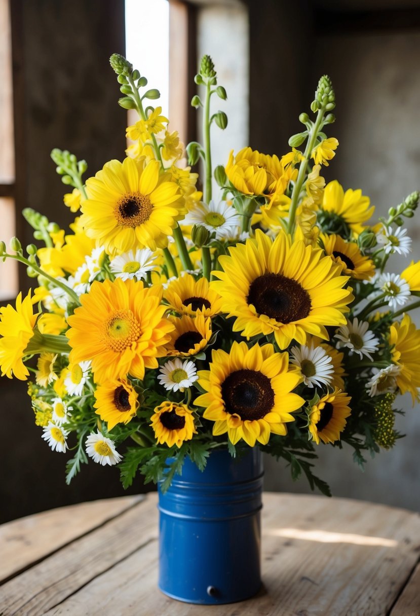 A vibrant yellow bouquet of snapdragons, daisies, and sunflowers arranged in a rustic, sunlit setting