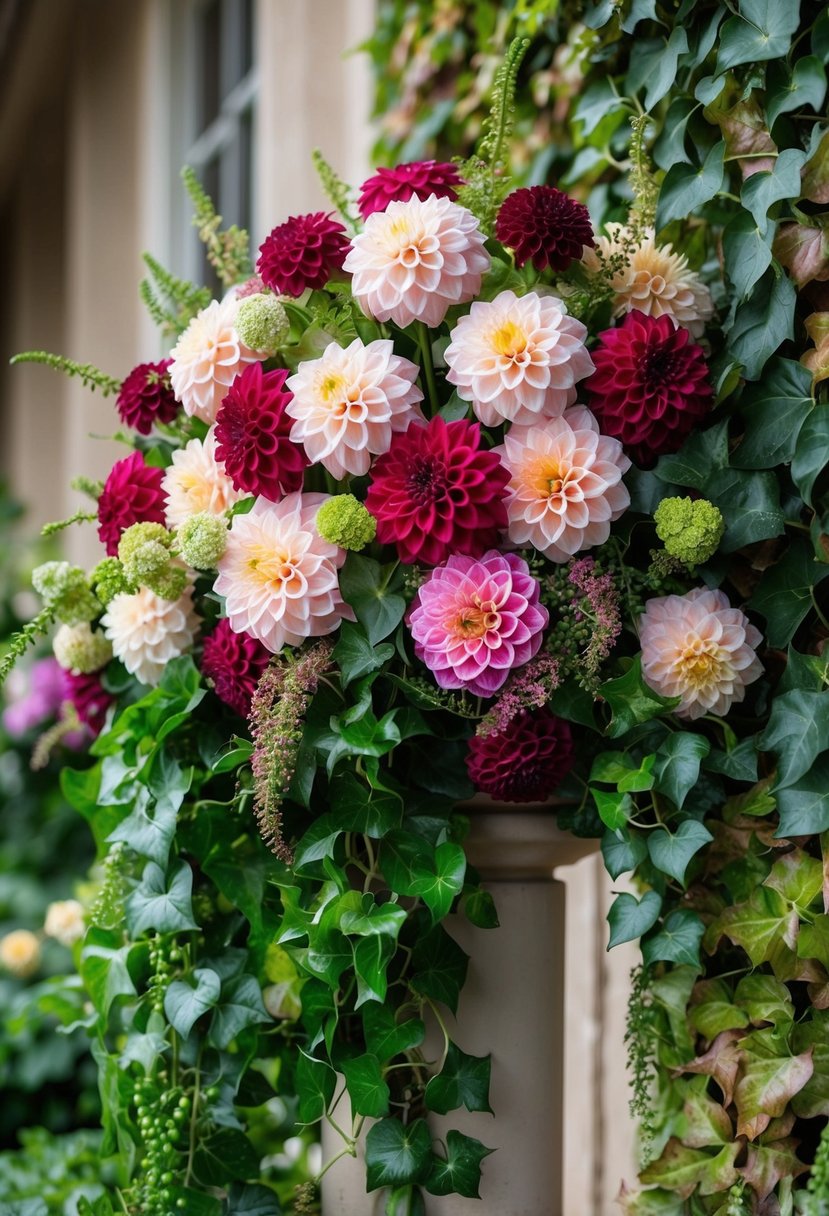 A lush bouquet of dahlia and ivy, intertwined and cascading in a beautiful fusion of colors and textures