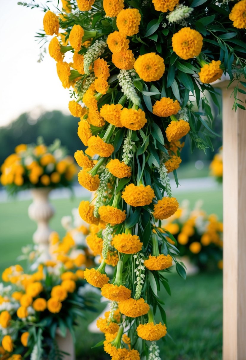 A cascading bouquet of vibrant marigold yellow flowers, accented with delicate greenery, creates a romantic and cheerful wedding arrangement