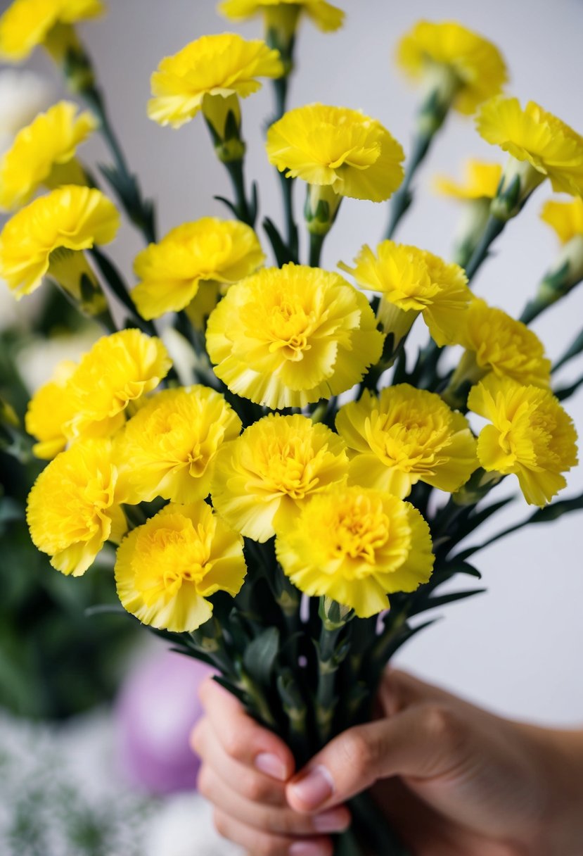 A bunch of vibrant yellow carnations arranged in a playful and whimsical manner, perfect for a wedding bouquet