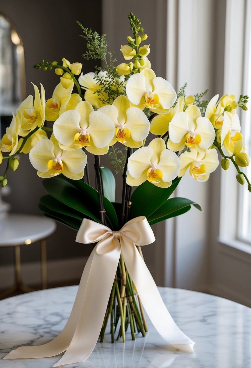 A lush bouquet of yellow orchids, accented with delicate greenery and tied with a satin ribbon, sits elegantly on a marble table