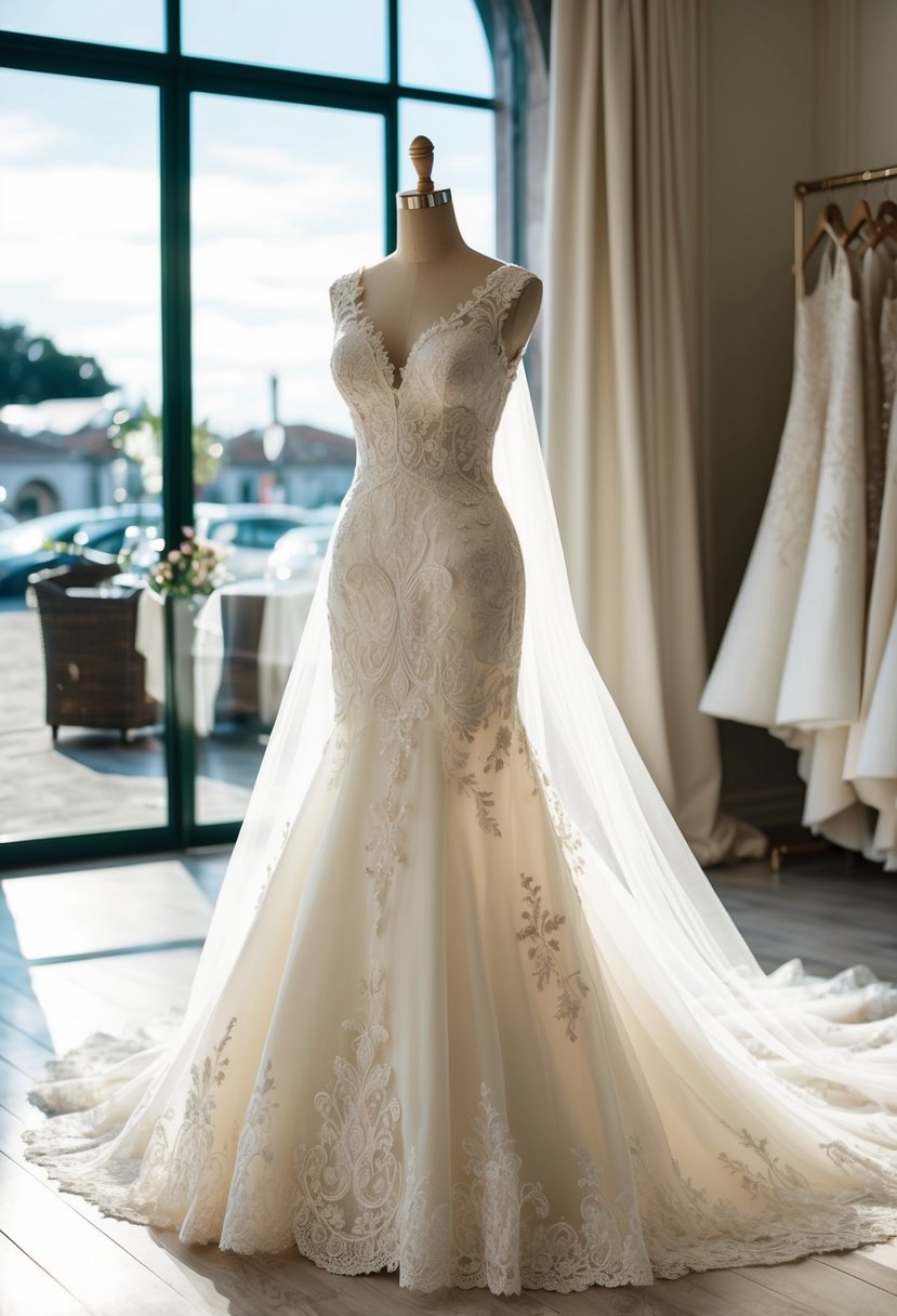 An elegant Italian wedding dress displayed on a mannequin in a sunlit boutique with intricate lace details and flowing fabric