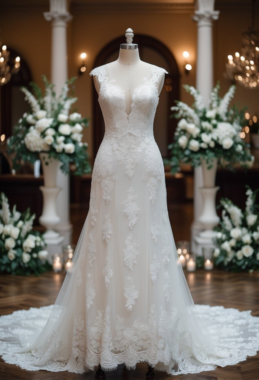 An elegant A-line lace dress displayed on a mannequin, surrounded by classic Italian wedding decor