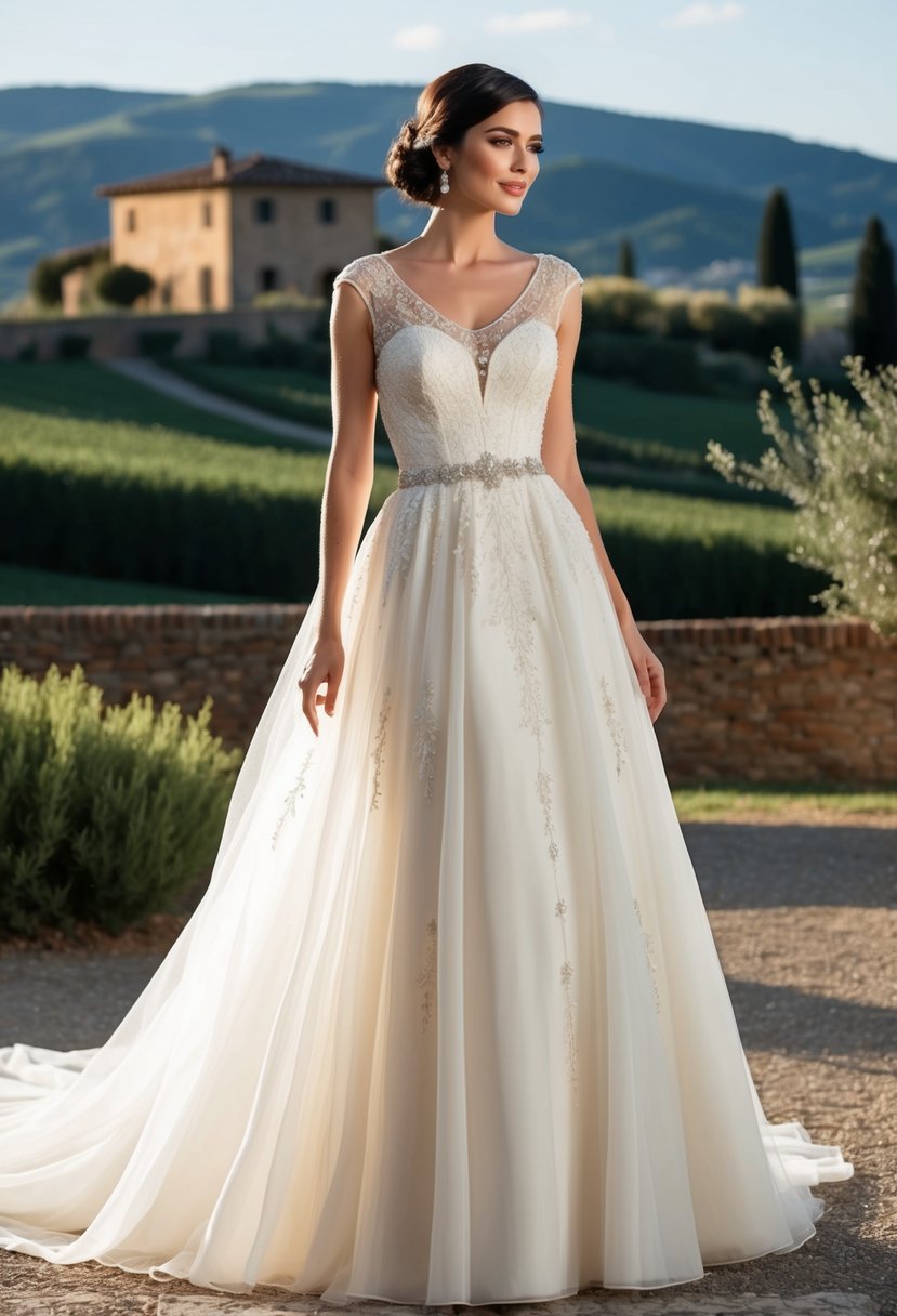 A flowing empire waist gown in ivory, adorned with delicate lace and intricate beading, set against a backdrop of rolling Tuscan hills and a rustic Italian villa