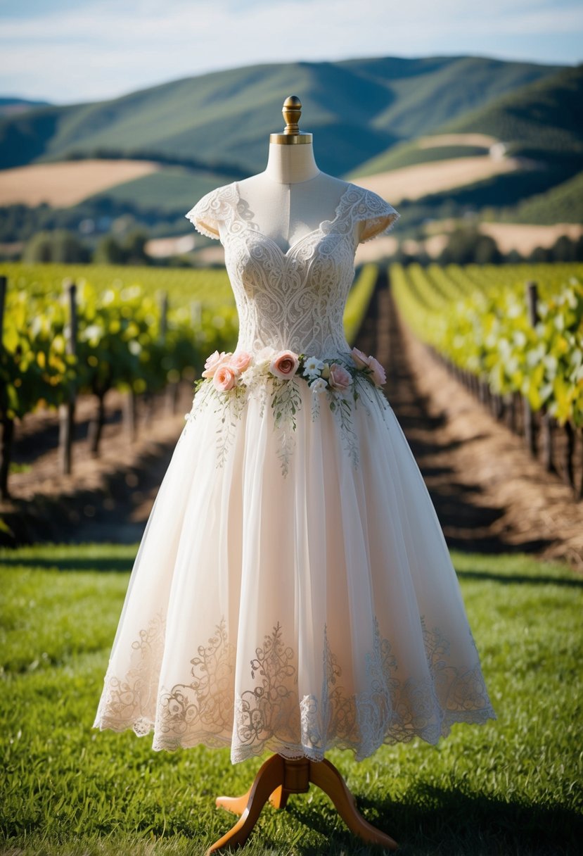 A whimsical tea-length dress with intricate lace and floral details, set against a backdrop of rolling hills and vineyards