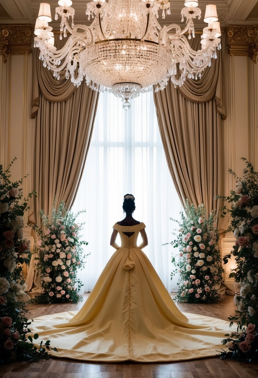 A regal princess silhouette in a grand ballroom with ornate chandeliers and flowing curtains, surrounded by elegant floral arrangements and luxurious fabrics