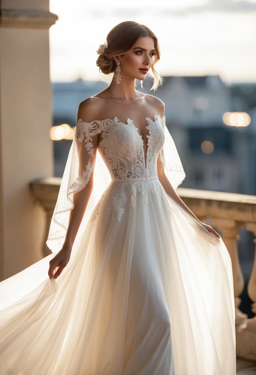 A flowing, off-shoulder wedding gown with intricate lace details and a soft, romantic silhouette