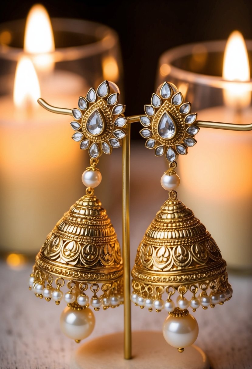 An ornate pair of gold and pearl wedding earrings, inspired by traditional Indian design, glimmering under soft candlelight