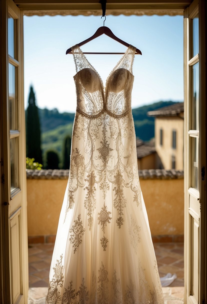 A lace gown with intricate detailing hangs in a sunlit Italian villa