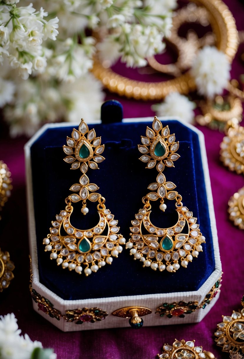 A pair of intricately designed Kundan Chandbali earrings on a velvet jewelry box, surrounded by delicate floral motifs and traditional Indian wedding decor