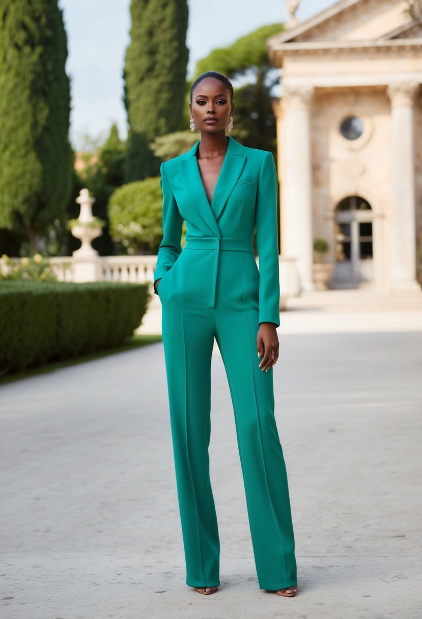 A modern, chic bride in a bold pantsuit, standing in a romantic Italian setting with classical architecture and lush greenery