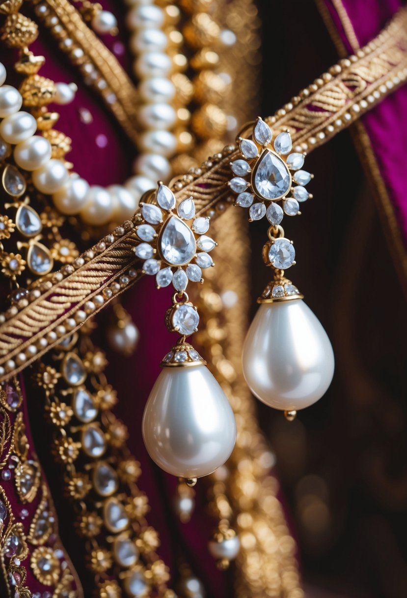 A close-up of pearl drop earrings against a backdrop of intricate Indian bridal jewelry and fabric