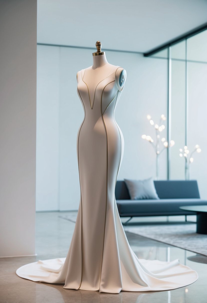 A sleek, sculptural gown in a minimalist setting with clean lines and elegant details