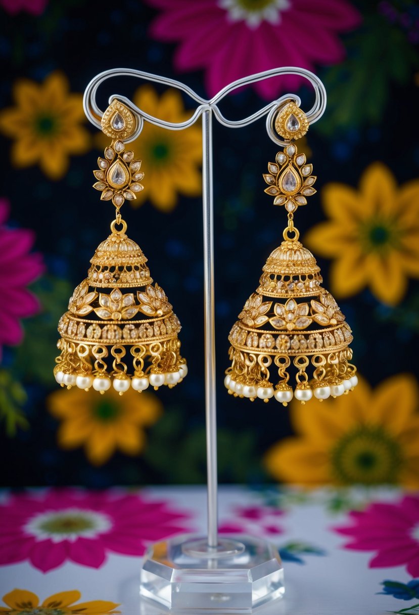 A pair of intricate gold jhumkas suspended from a delicate stand, surrounded by vibrant floral and paisley motifs