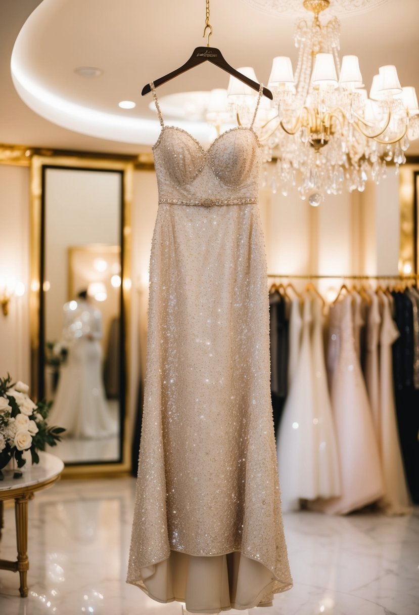 A sparkling sequined dress hanging on a golden hanger in a luxurious Italian wedding boutique, surrounded by soft, romantic lighting