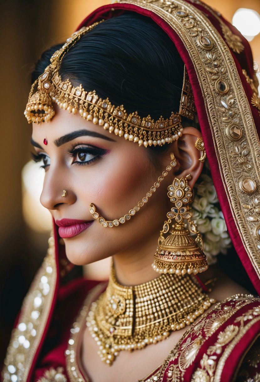 A regal Indian bride's antique temple earrings gleam with intricate details, reflecting the rich cultural heritage of her wedding day