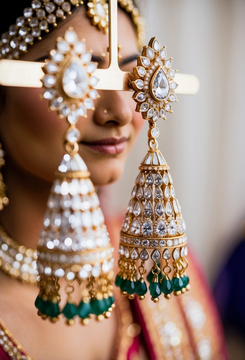 Glittering diamond polki tassel earrings dangle from a delicate stand, reflecting light and adding elegance to an Indian bride's wedding attire