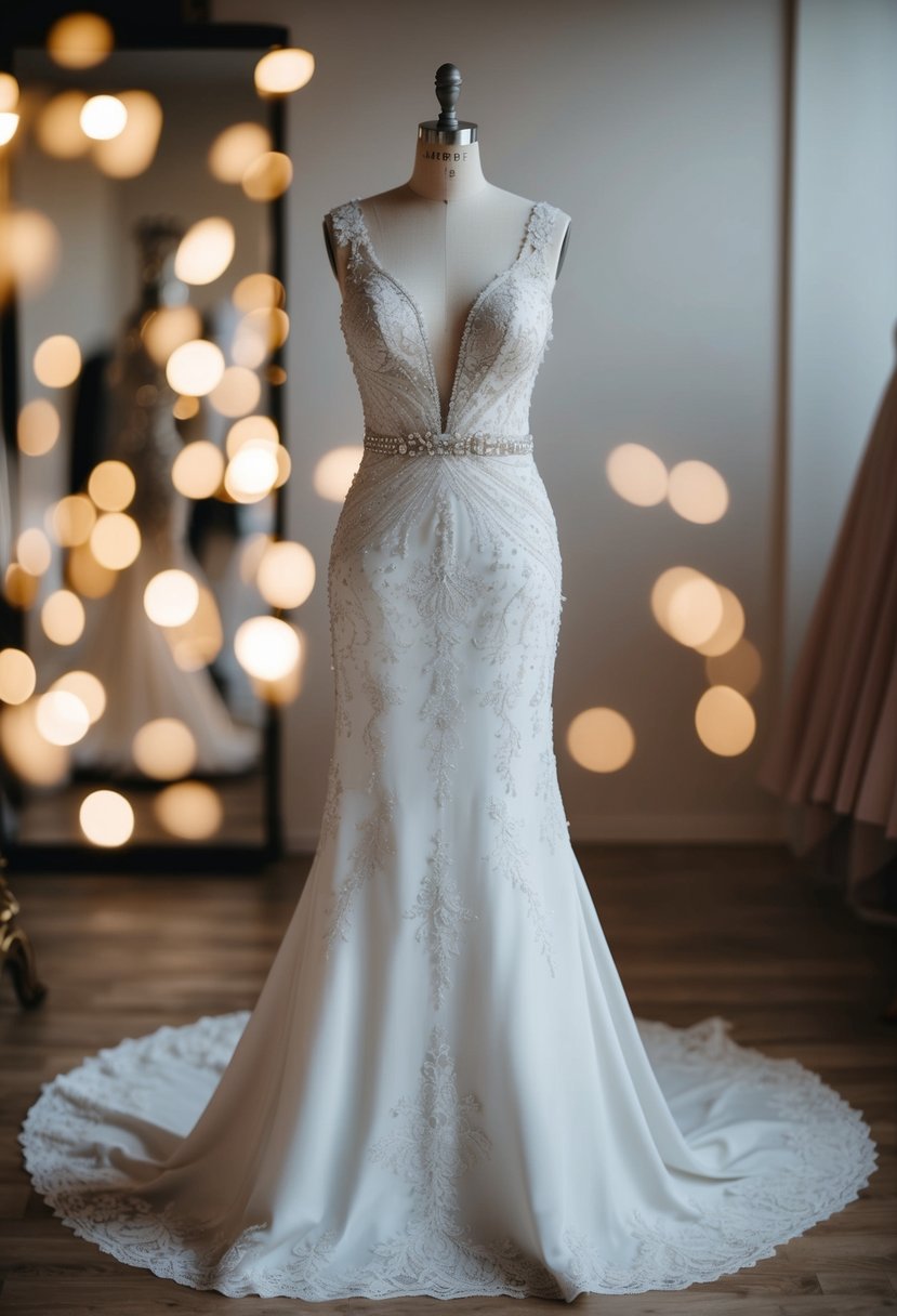 A custom-tailored Italian gown draped over a mannequin, adorned with intricate lace and delicate beading, showcasing unique fit Italian wedding dress ideas