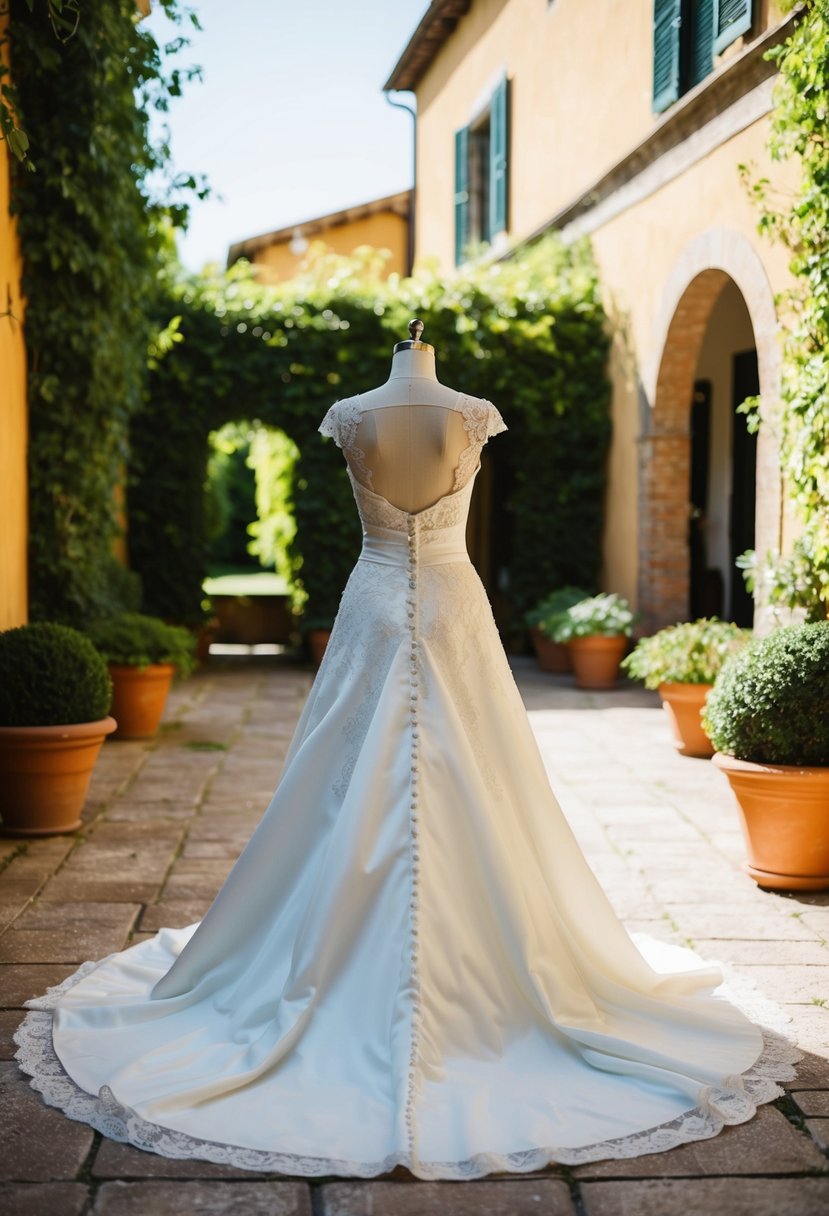 A vintage-inspired wedding dress displayed on a mannequin in a sunlit Italian villa courtyard