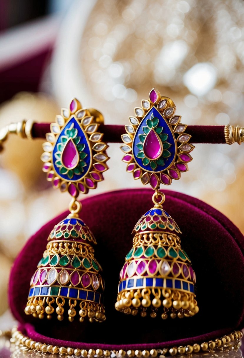 A pair of intricately designed Meenakari earrings, featuring vibrant colors and delicate patterns, are displayed on a velvet cushion, ready to adorn an Indian bride on her wedding day