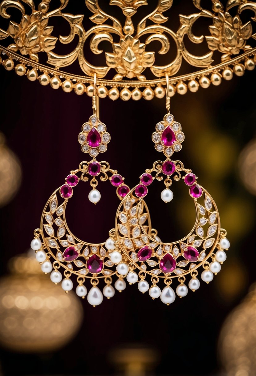 A pair of ruby stud chandelier earrings hang against a backdrop of intricate Indian wedding motifs