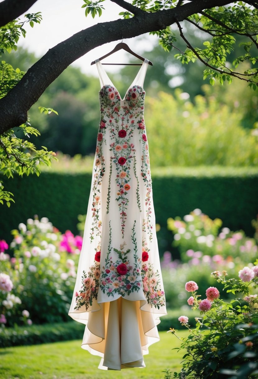 A lush garden setting with a cascading floral embroidered gown hanging from a tree branch, surrounded by blooming flowers and greenery